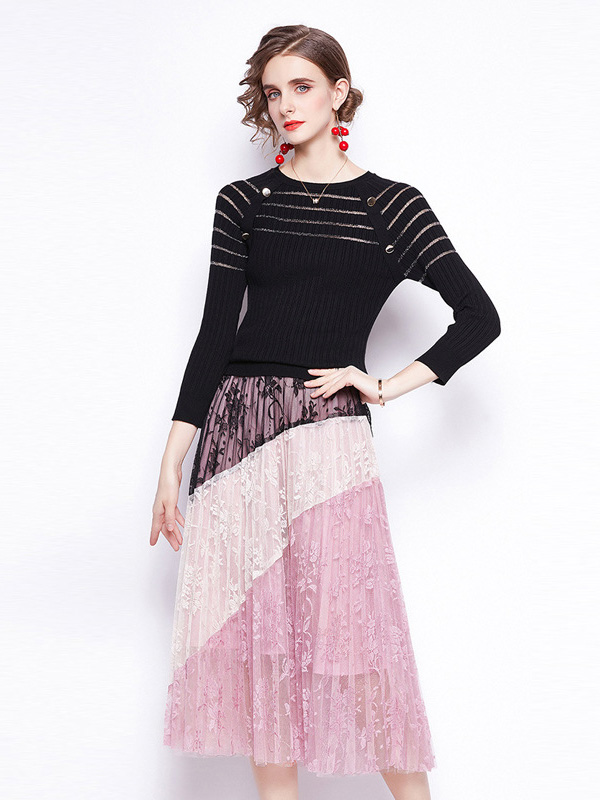 Black Knit Top and Pink Lace Skirt Set