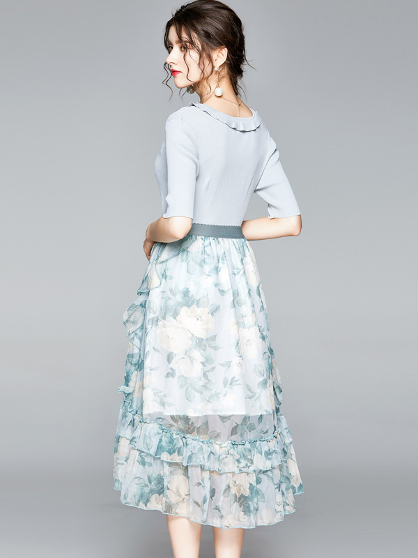 Light Blue Round Neck Top and Printed Skirt Set