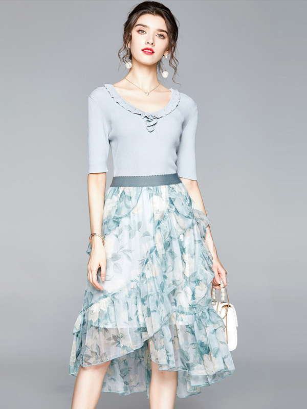 Light Blue Round Neck Top and Printed Skirt Set