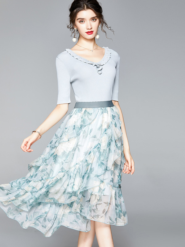 Light Blue Round Neck Top and Printed Skirt Set