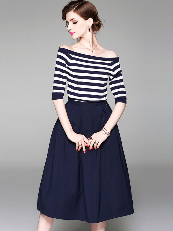 Navy Striped Off the Shoulder Top and Skirt Set