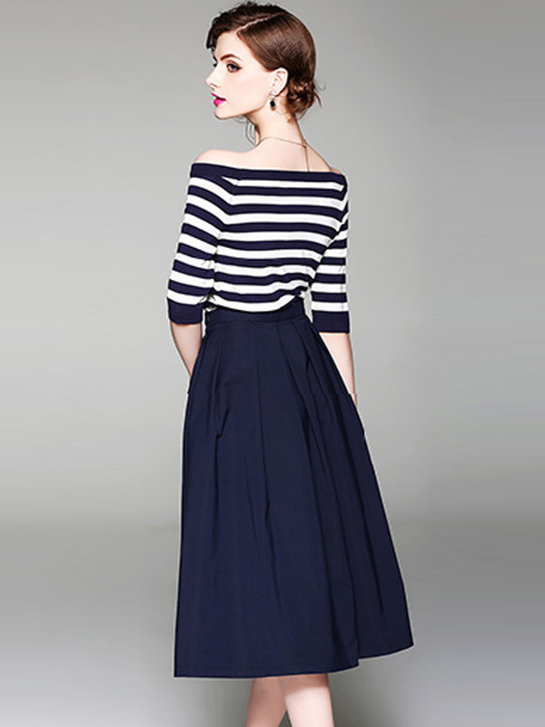 Navy Striped Off the Shoulder Top and Skirt Set