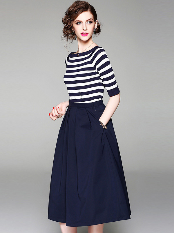 Navy Striped Off the Shoulder Top and Skirt Set