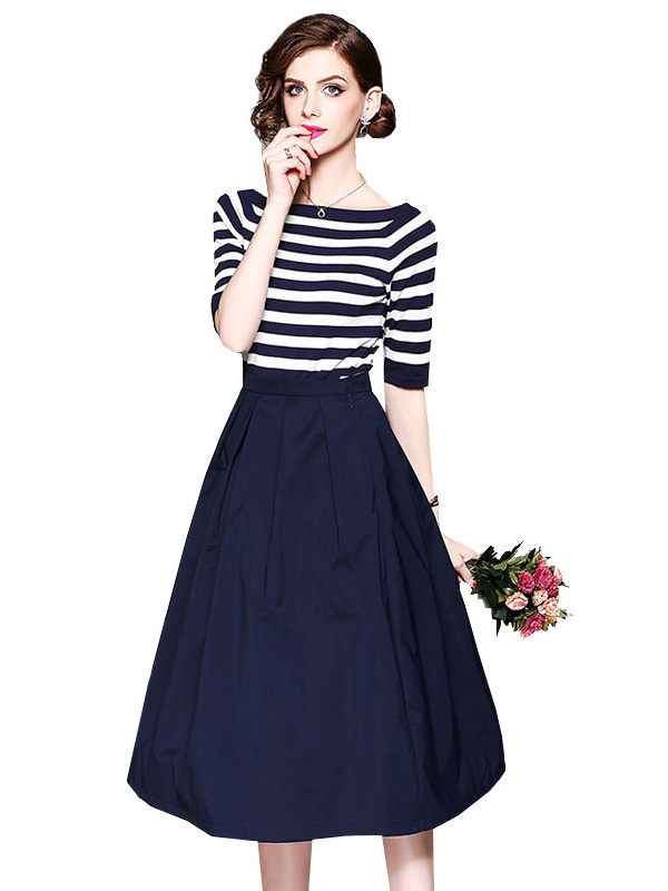 Navy Striped Off the Shoulder Top and Skirt Set