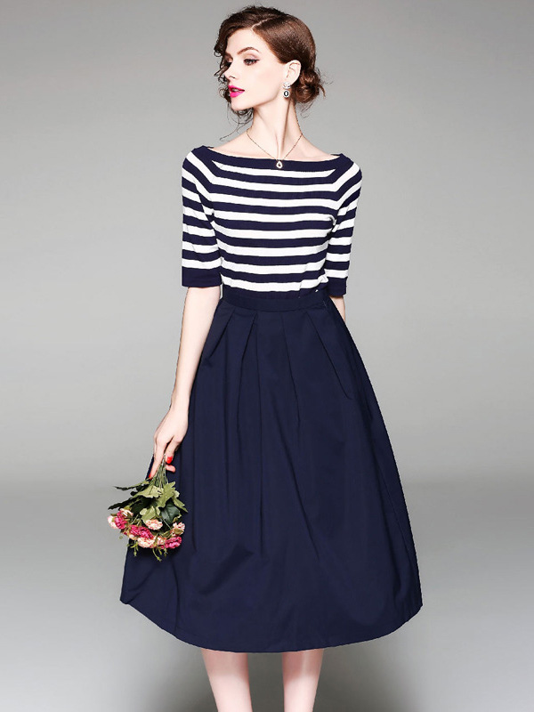 Navy Striped Off the Shoulder Top and Skirt Set