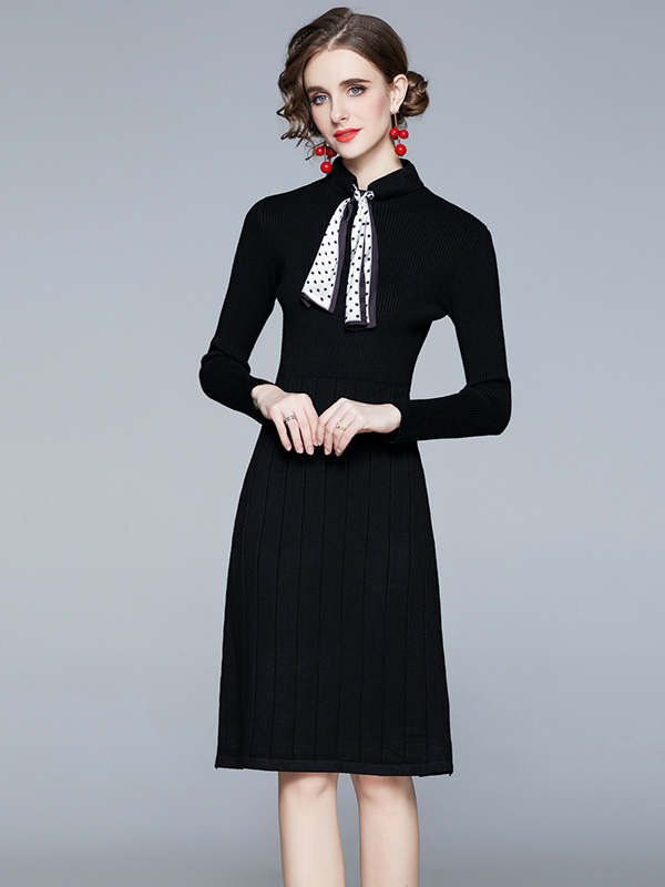 Black Stand Collar Knit Dress with Bowknot