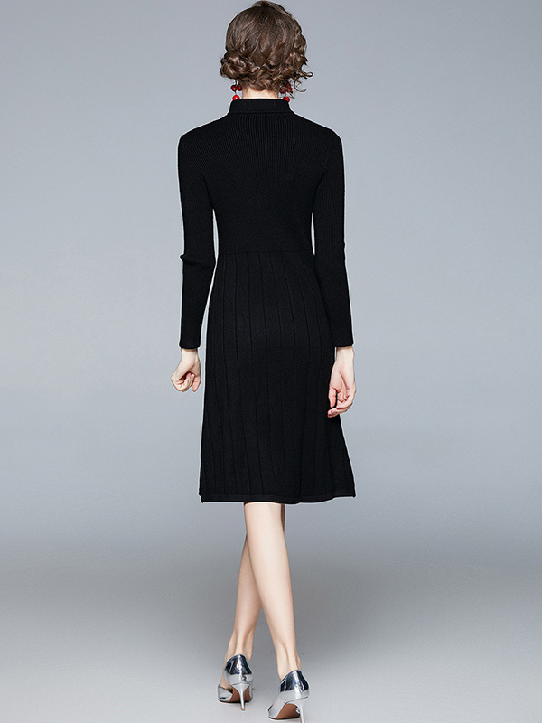 Black Stand Collar Knit Dress with Bowknot