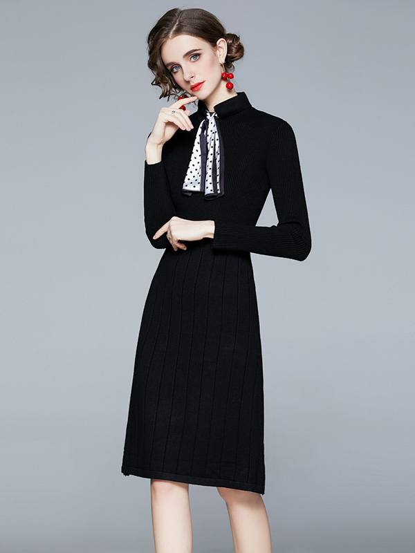 Black Stand Collar Knit Dress with Bowknot