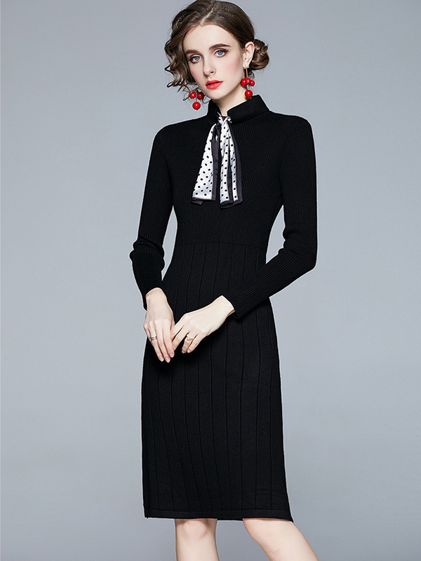 Black Stand Collar Knit Dress with Bowknot