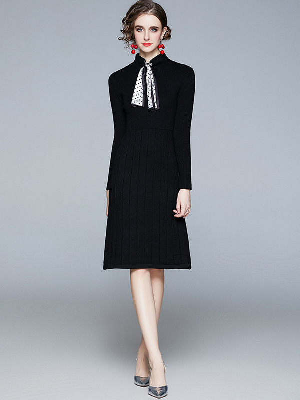 Black Stand Collar Knit Dress with Bowknot