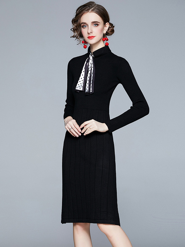 Black Stand Collar Knit Dress with Bowknot