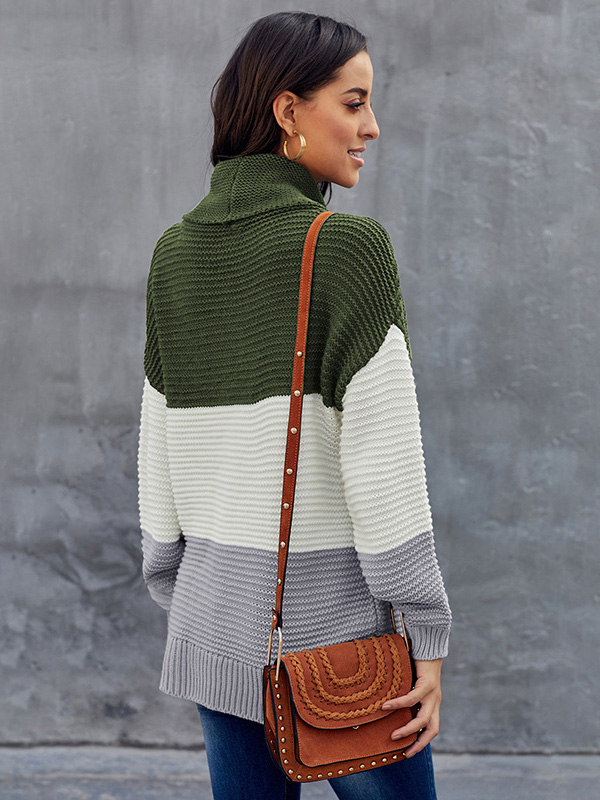 Green High Collar Color Block Sweater