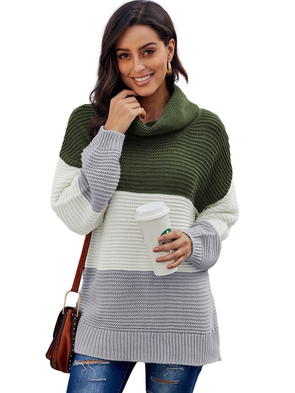 Green High Collar Color Block Sweater