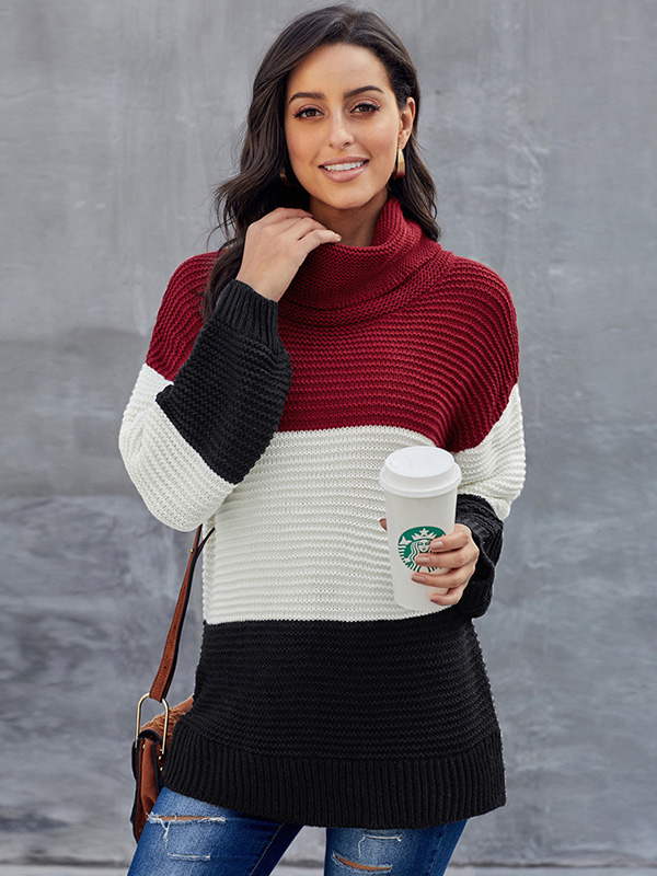 Red High Collar Color Block Sweater