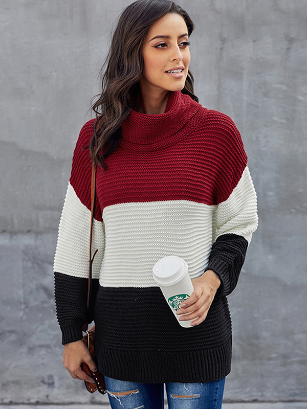 Red High Collar Color Block Sweater