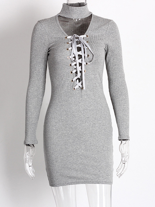 Grey High Neck Tie Front Mini Dress