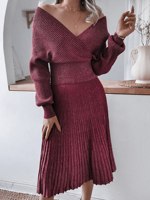 Burgundy Deep V Neck Wrap Midi Dress