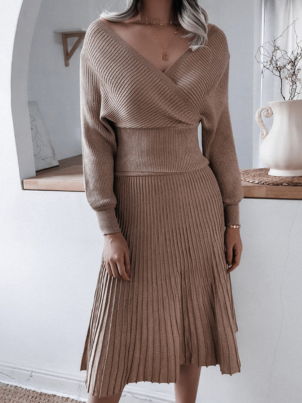 Khaki Deep V Neck Wrap Midi Dress