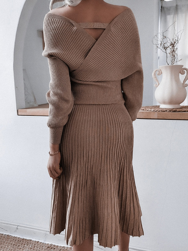 Khaki Deep V Neck Wrap Midi Dress