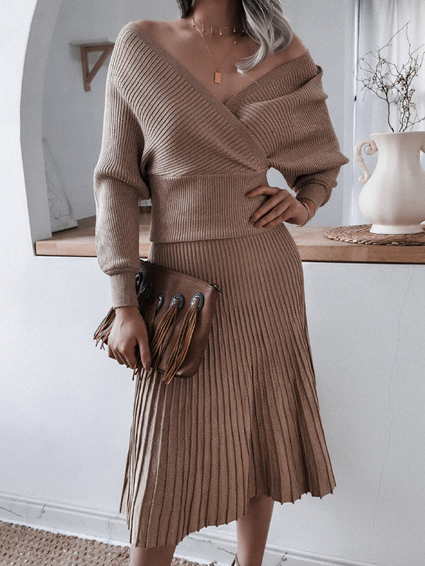 Khaki Deep V Neck Wrap Midi Dress