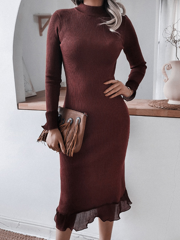 Brown Stand Collar Ribbed Style Midi Dress