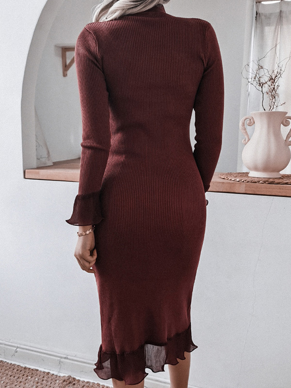 Brown Stand Collar Ribbed Style Midi Dress