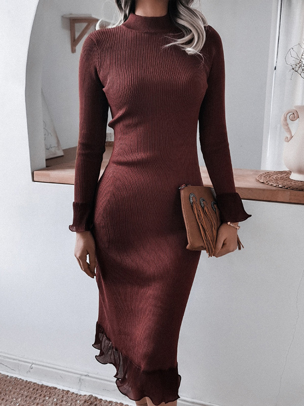 Brown Stand Collar Ribbed Style Midi Dress