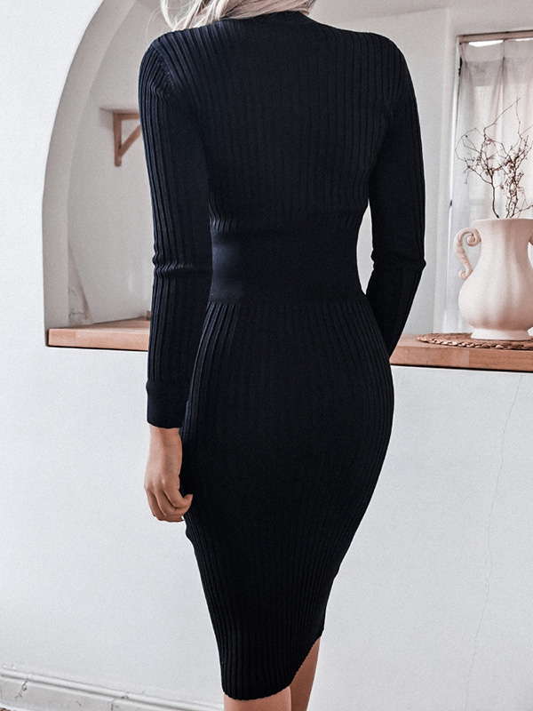 Black V-neck Ribbed Style Bodycon Midi Dress