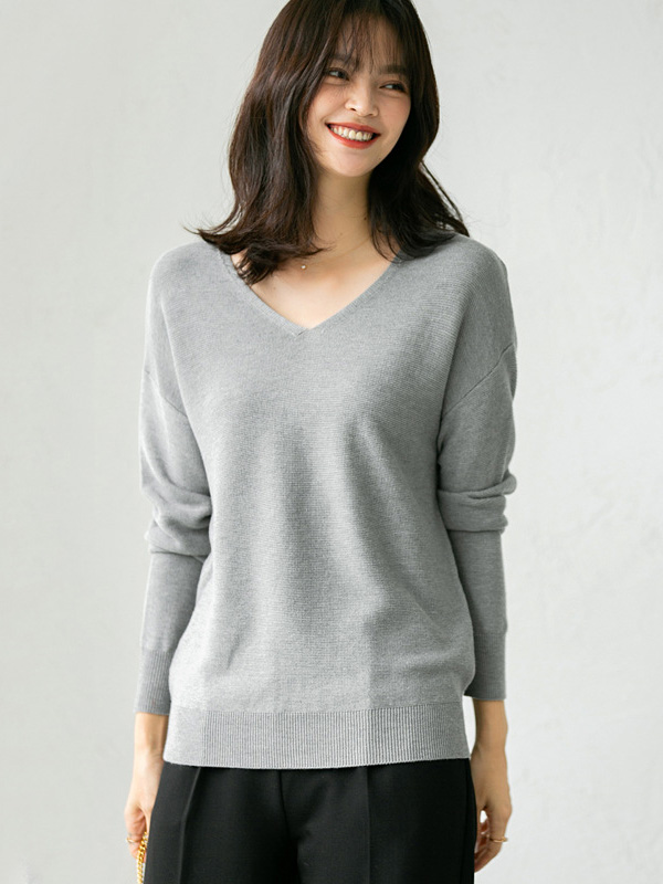 Grey V Neck Knitted Top