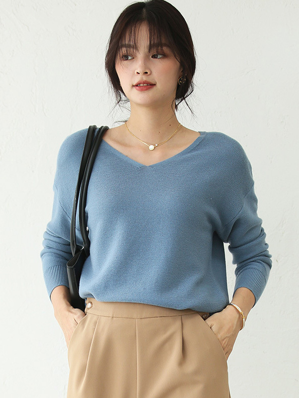 Blue V Neck Knitted Top