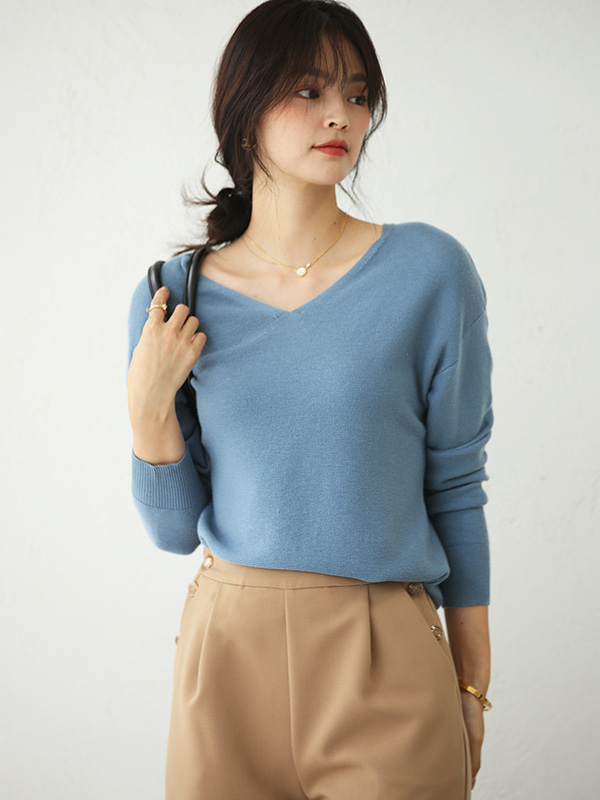 Blue V Neck Knitted Top