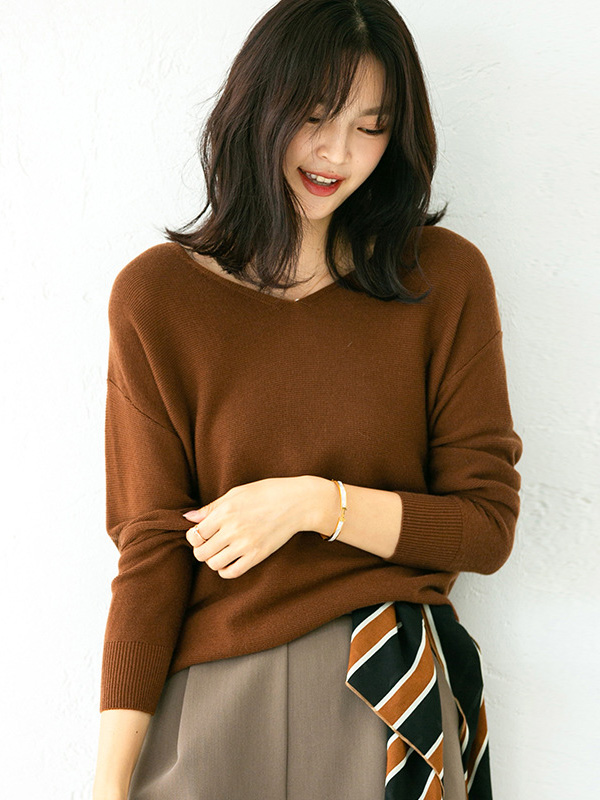 Brown V Neck Knitted Top