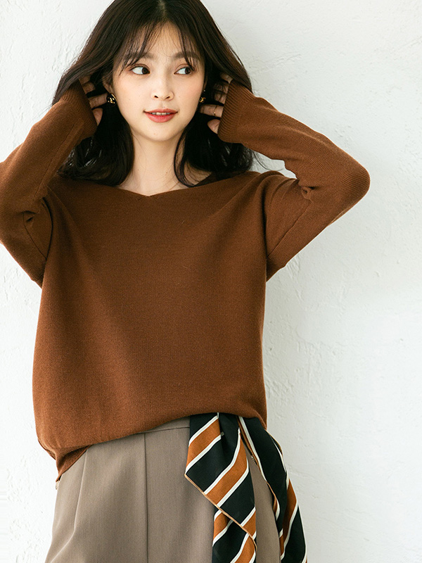 Brown V Neck Knitted Top