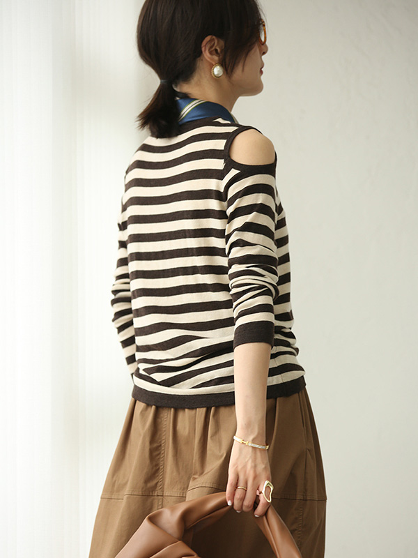 Brown Striped Cold Shoulder Knit Top