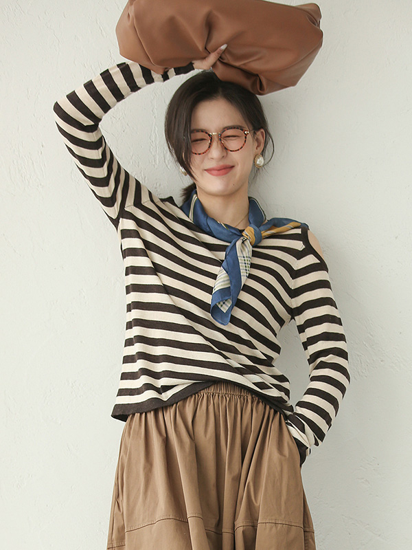 Brown Striped Cold Shoulder Knit Top