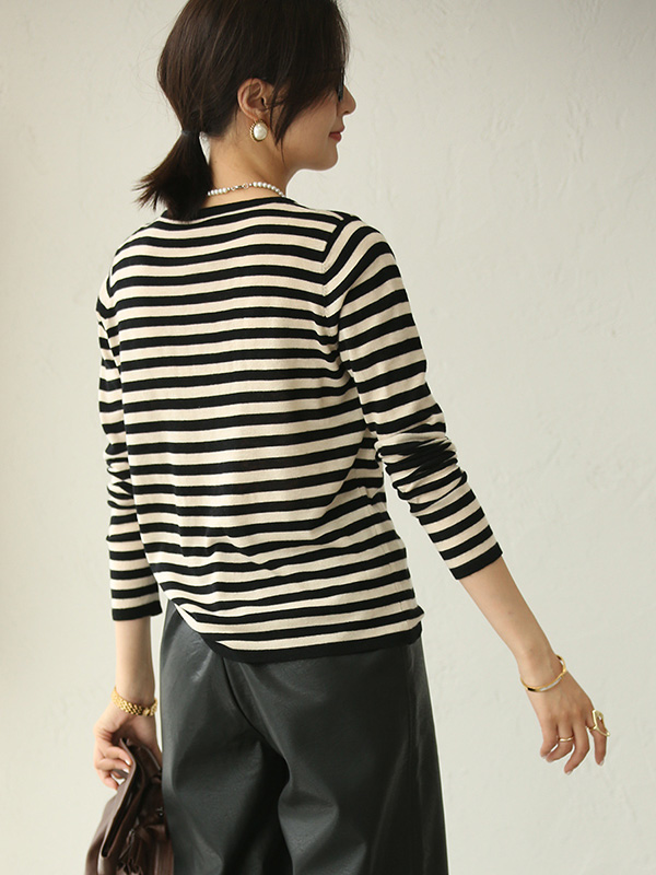 Black Striped Round Neck Knit Top