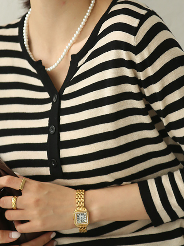 Black Striped Round Neck Knit Top