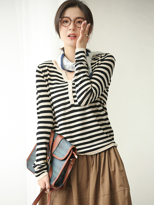 Apricot Striped Round Neck Knit Top