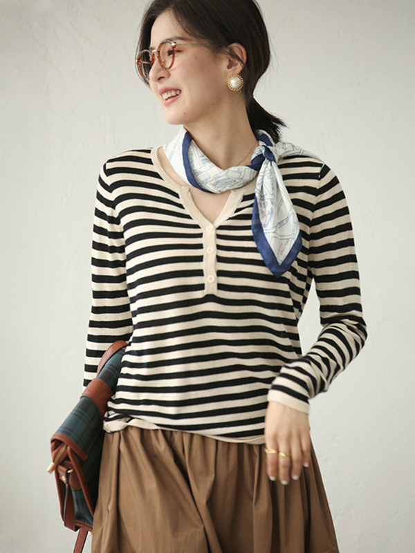 Apricot Striped Round Neck Knit Top