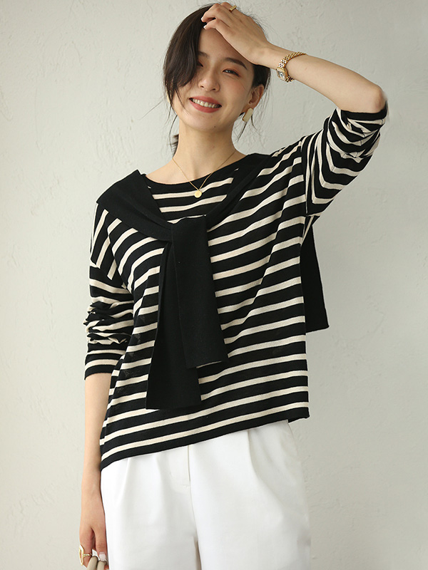 Black Striped Round Neck Knit Top with Cape