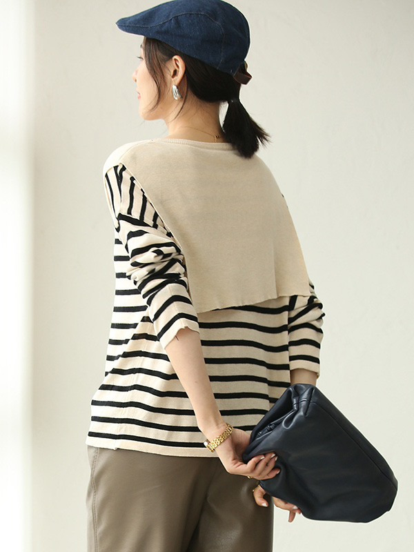 Apricot Striped Round Neck Knit Top with Cape