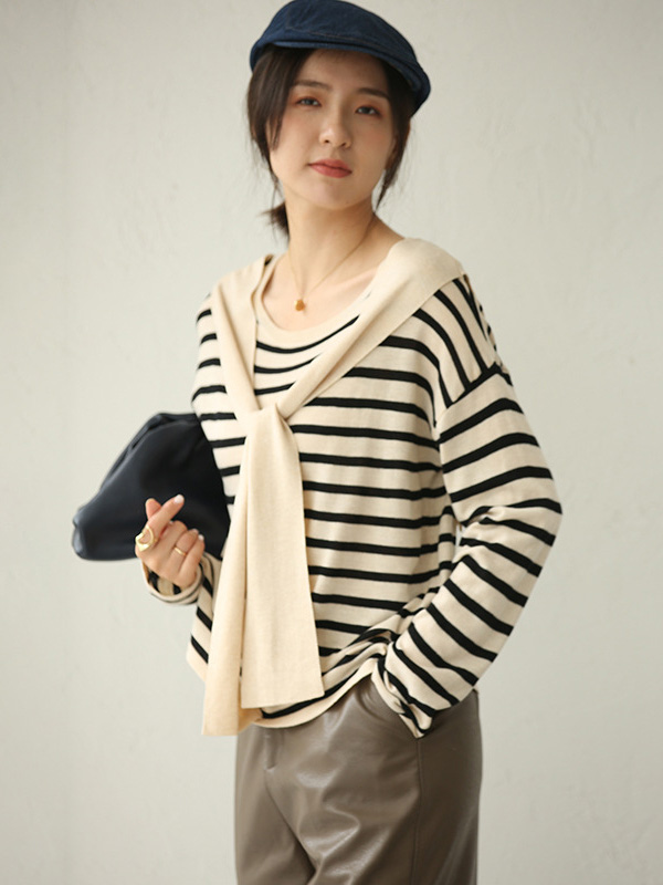 Apricot Striped Round Neck Knit Top with Cape