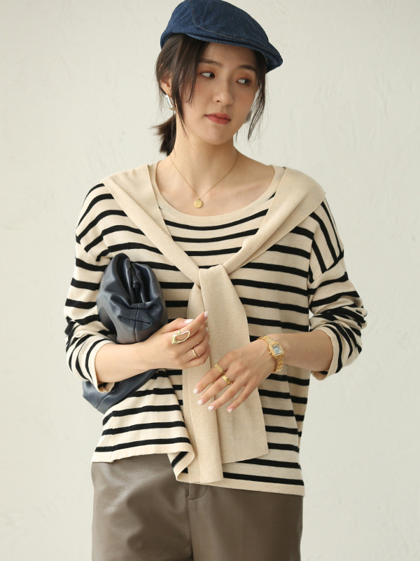 Apricot Striped Round Neck Knit Top with Cape