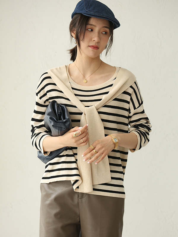 Apricot Striped Round Neck Knit Top with Cape