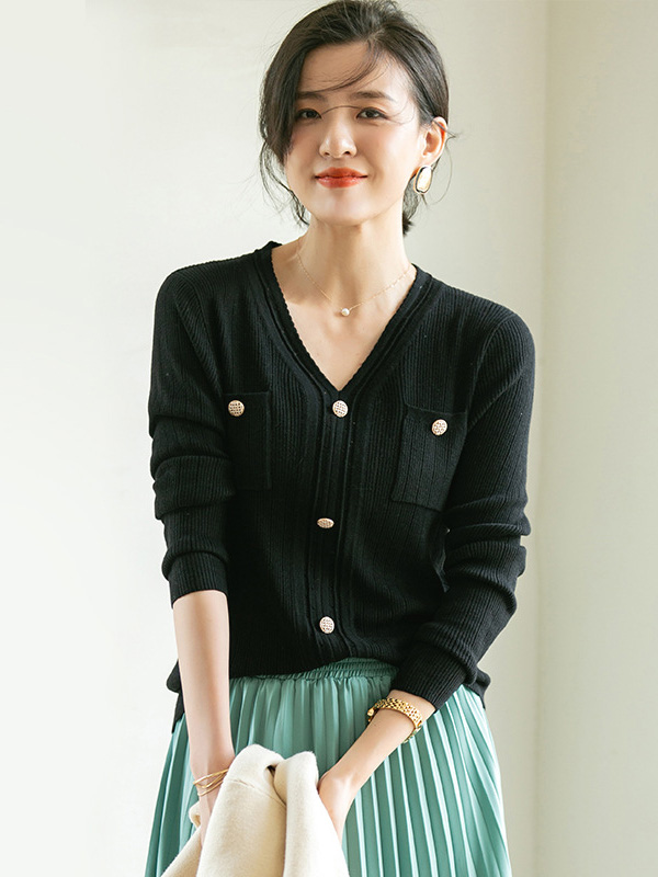 Black V-neck Knit Top with Buttons