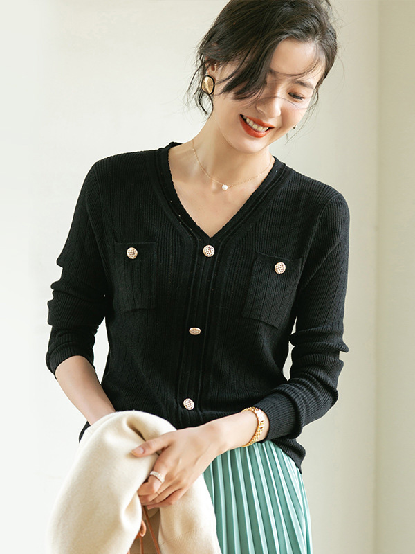 Black V-neck Knit Top with Buttons