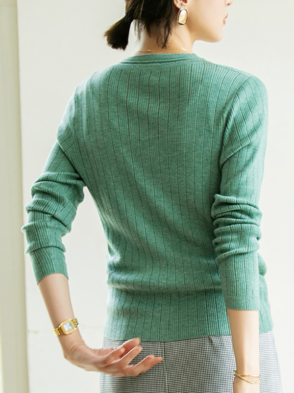 Green V-neck Knit Top with Buttons