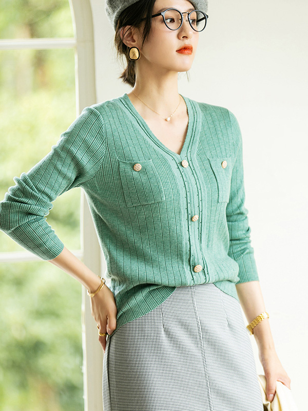 Green V-neck Knit Top with Buttons