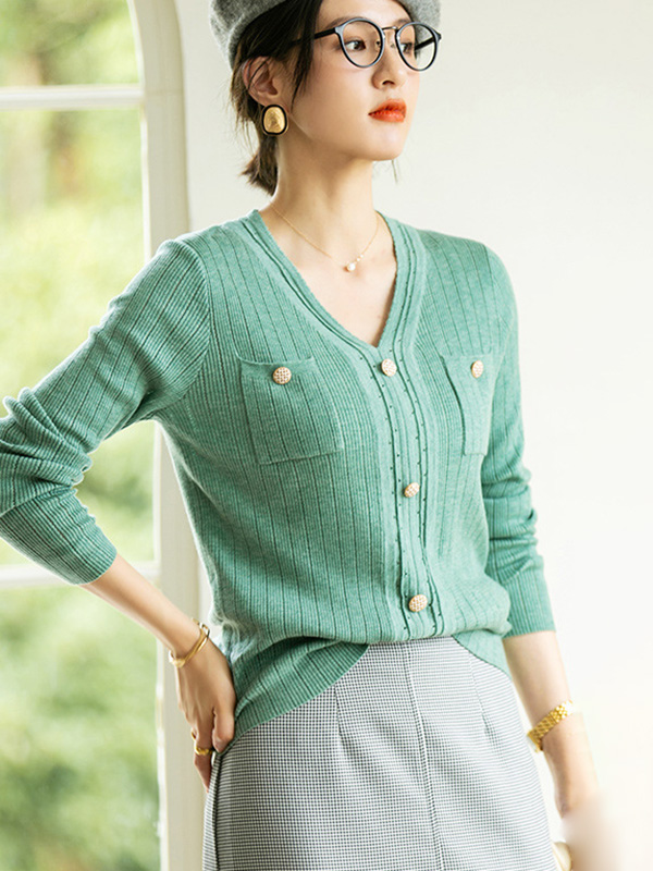 Green V-neck Knit Top with Buttons