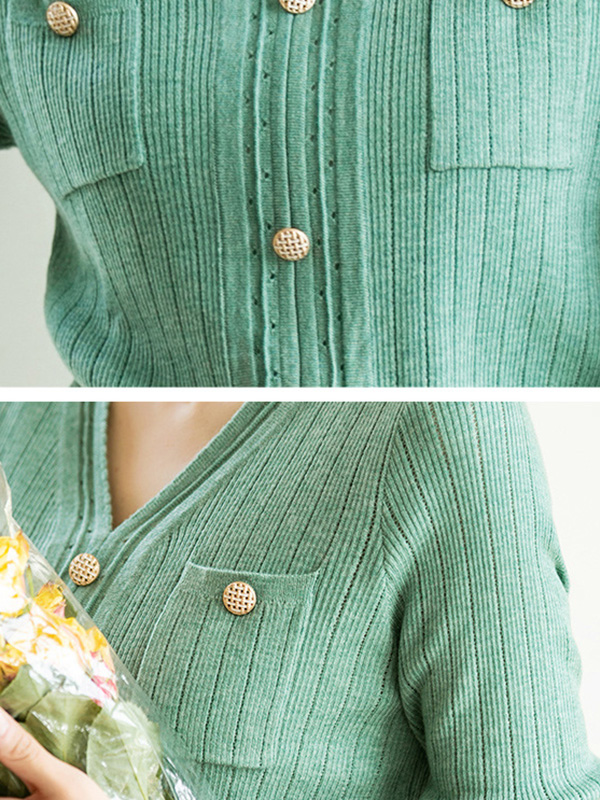 Green V-neck Knit Top with Buttons